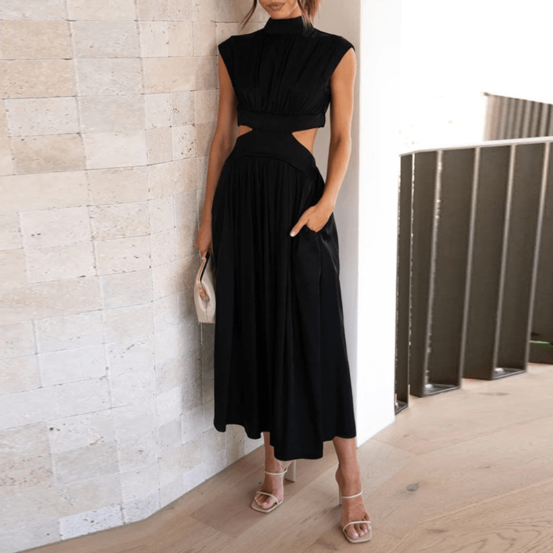 Elegant black midi dress with cut-outs – stand-up collar & pleats for stylish appearances 0