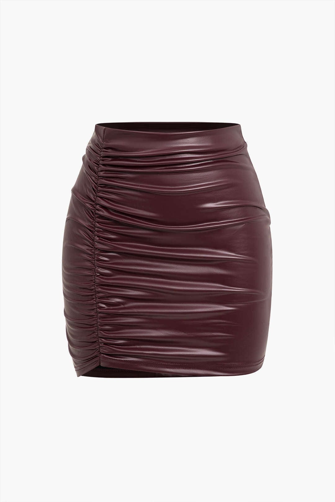 Jocasta | Figure-hugging faux leather mini skirt with side ruching and asymmetrical hem 0