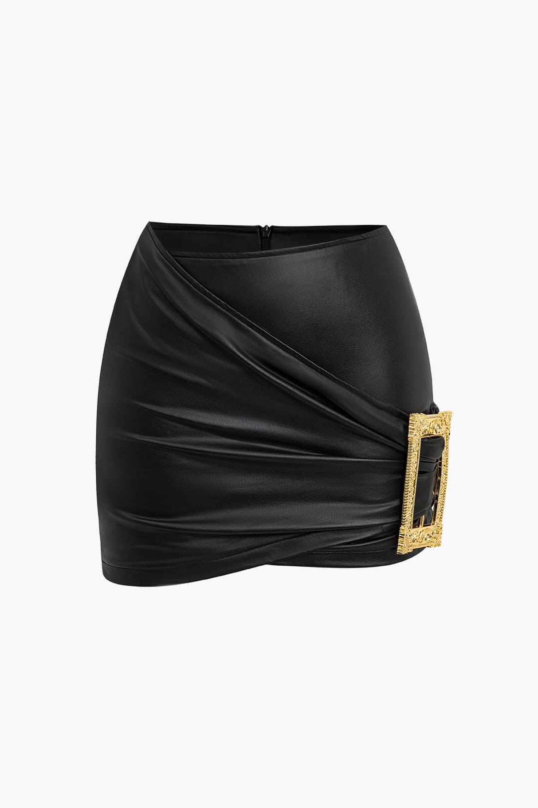 Lyra | Figure-hugging faux leather mini skirt with asymmetrical draping and gold decorative buckle 0