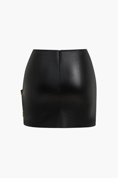 Lyra | Figure-hugging faux leather mini skirt with asymmetrical draping and gold decorative buckle 2