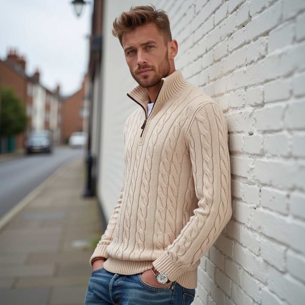 Men's Half Zip Sweater with Cable Knit Design for Versatile Casual or Formal Style 0