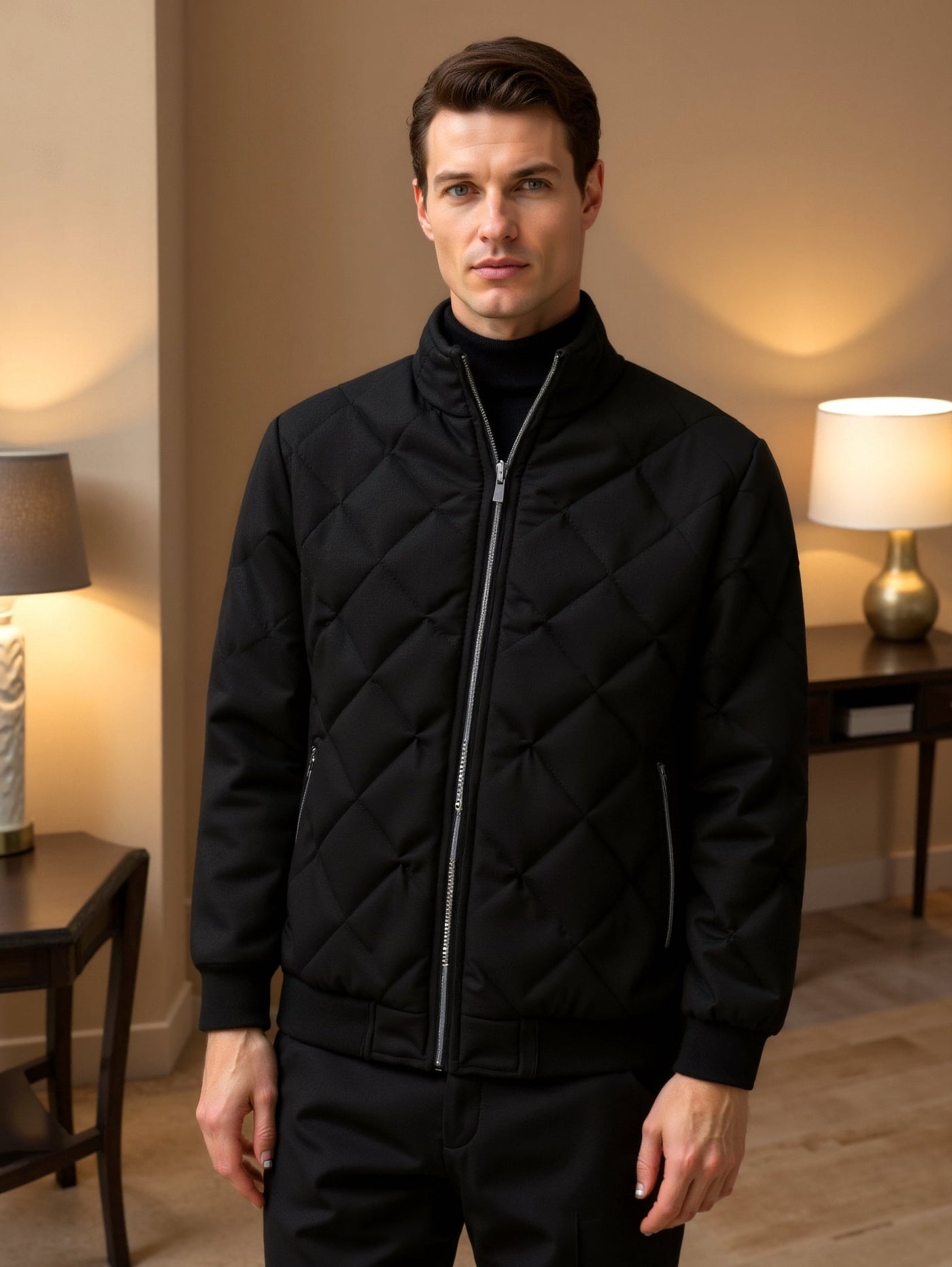 Men's Jacket with Classic Quilted Design and High Neck for Winter Style 0