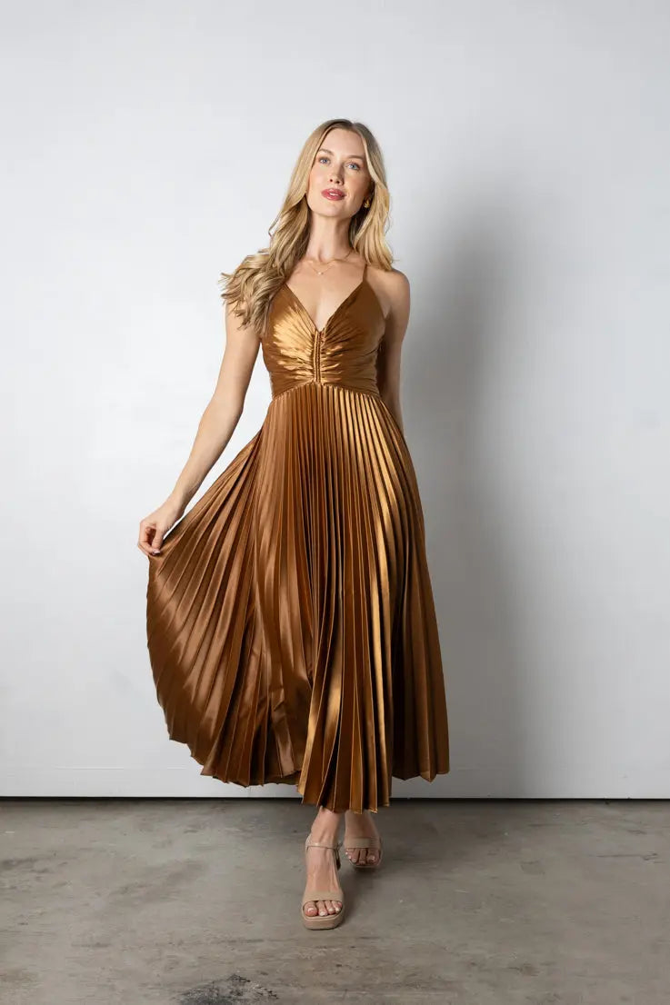 Midi Dress for Women - Long Sleeve Satin Style with Elegant Gold Shine for Special Occasions 1