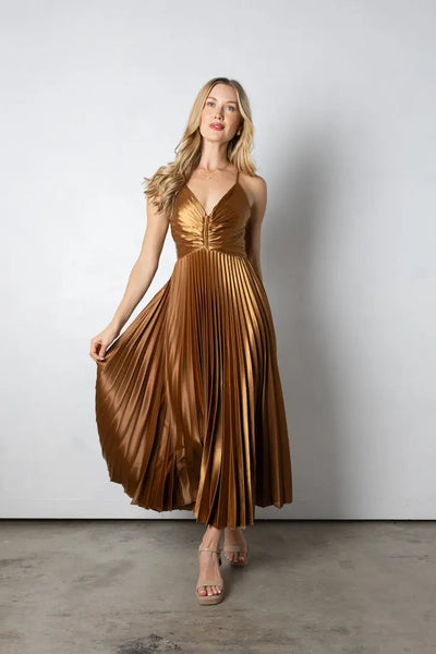 Midi Dress for Women - Long Sleeve Satin Style with Elegant Gold Shine for Special Occasions 1