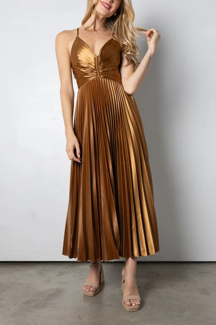 Midi Dress for Women - Long Sleeve Satin Style with Elegant Gold Shine for Special Occasions 2