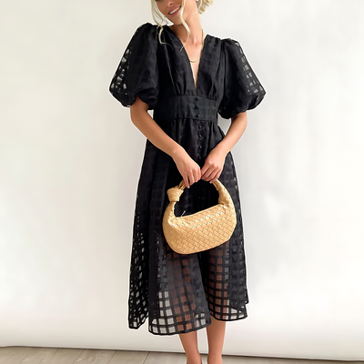 Midi dress with check pattern – Airy summer dress with V-neck & puff sleeves 1