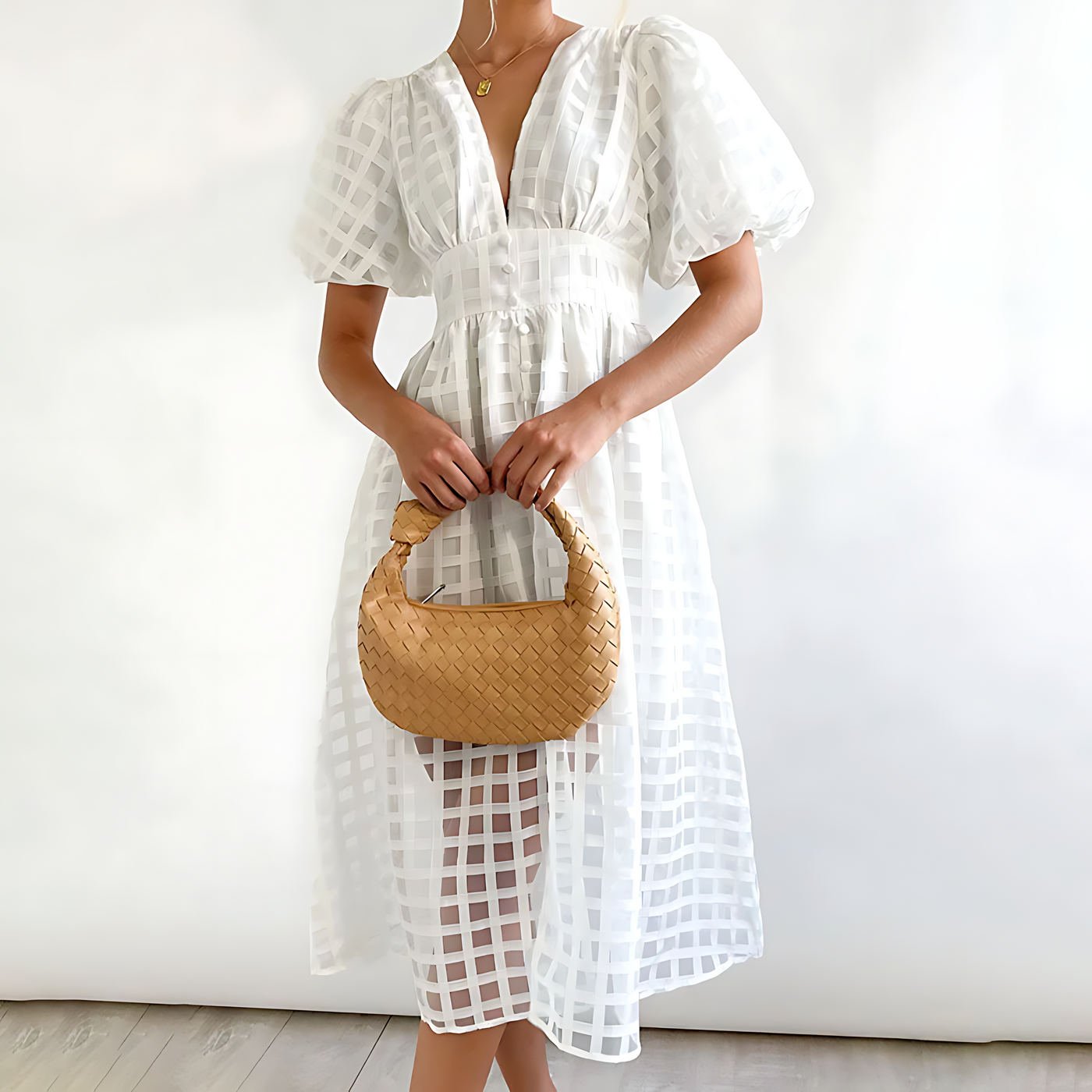 Midi dress with check pattern – Airy summer dress with V-neck & puff sleeves 2