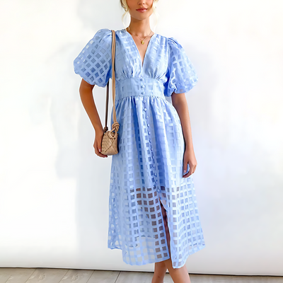 Midi dress with check pattern – Airy summer dress with V-neck & puff sleeves 3