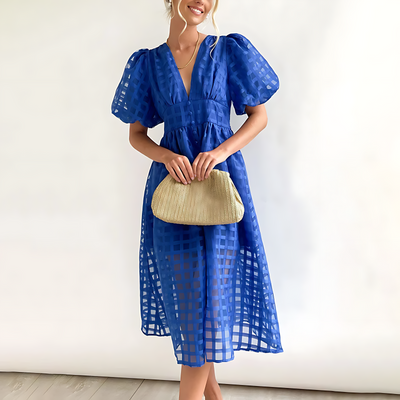 Midi dress with check pattern – Airy summer dress with V-neck & puff sleeves 4