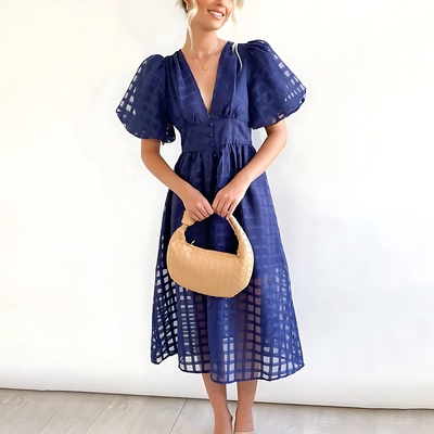 Midi dress with check pattern – Airy summer dress with V-neck & puff sleeves 5
