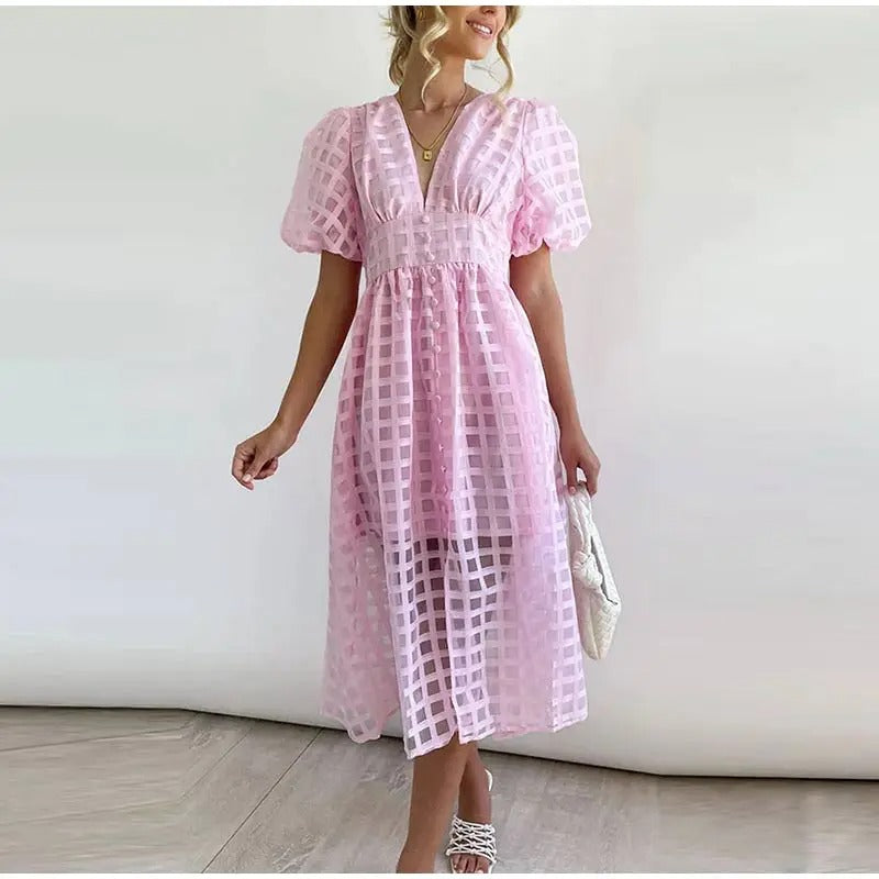 Midi dress with check pattern – Airy summer dress with V-neck & puff sleeves 7