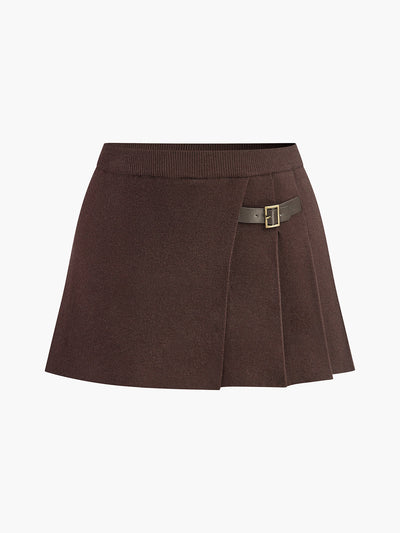 Noa | Pleated mini skirt in a knitted look with decorative buckle 0