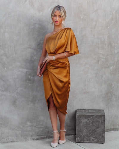 One-shoulder satin dress – draped midi dress with slit and fitted waist 4