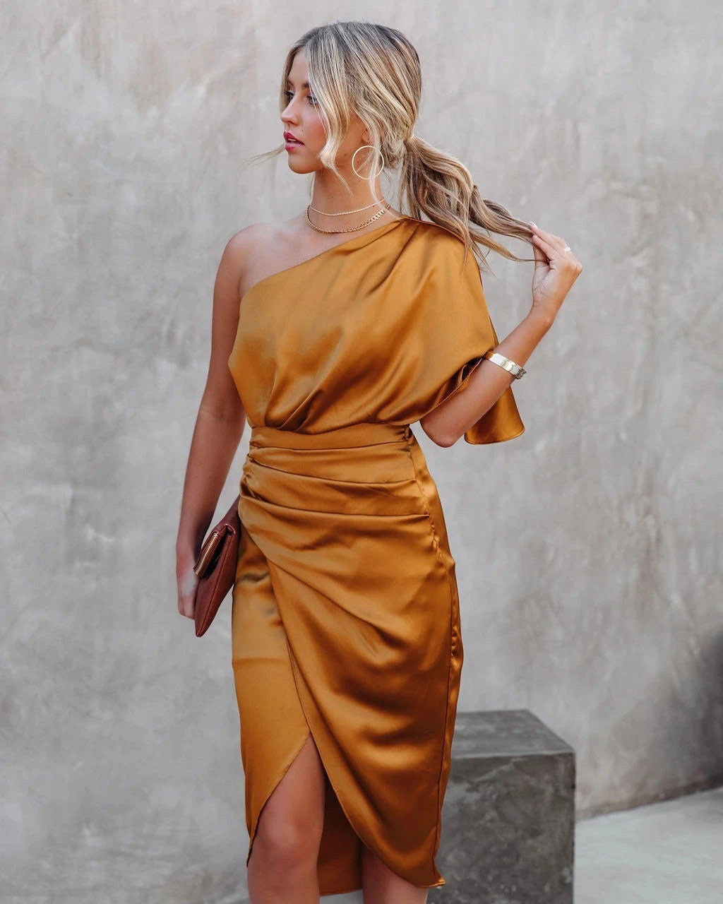 One-shoulder satin dress – draped midi dress with slit and fitted waist 5