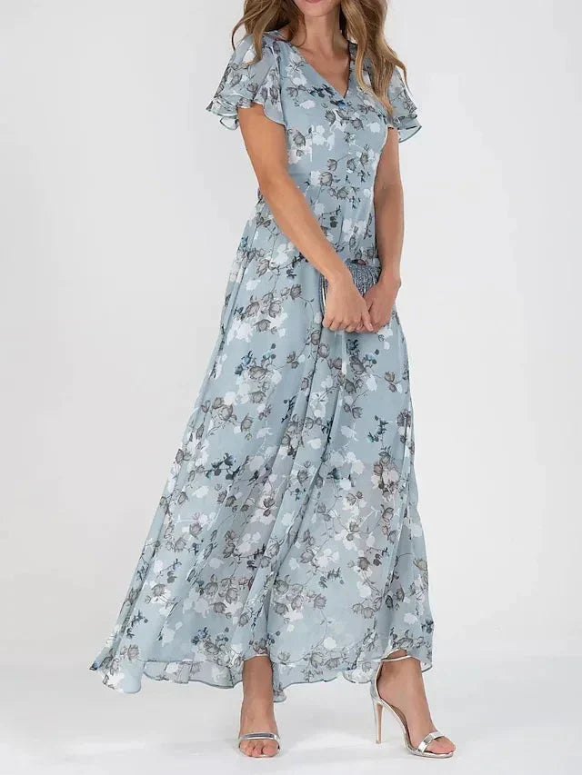 Romantic maxi dress with floral print – pink chiffon, V-neck & butterfly sleeves 0