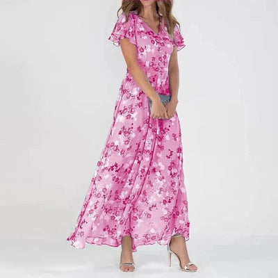 Romantic maxi dress with floral print – pink chiffon, V-neck & butterfly sleeves 1