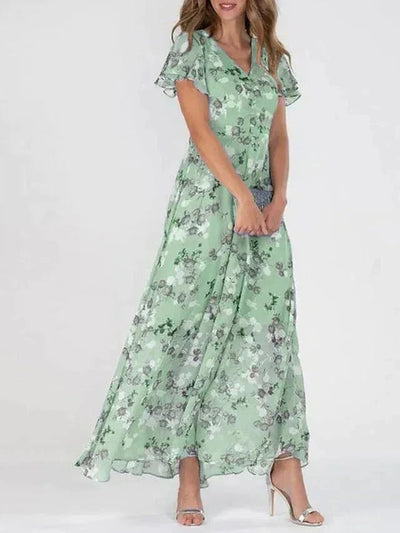 Romantic maxi dress with floral print – pink chiffon, V-neck & butterfly sleeves 2