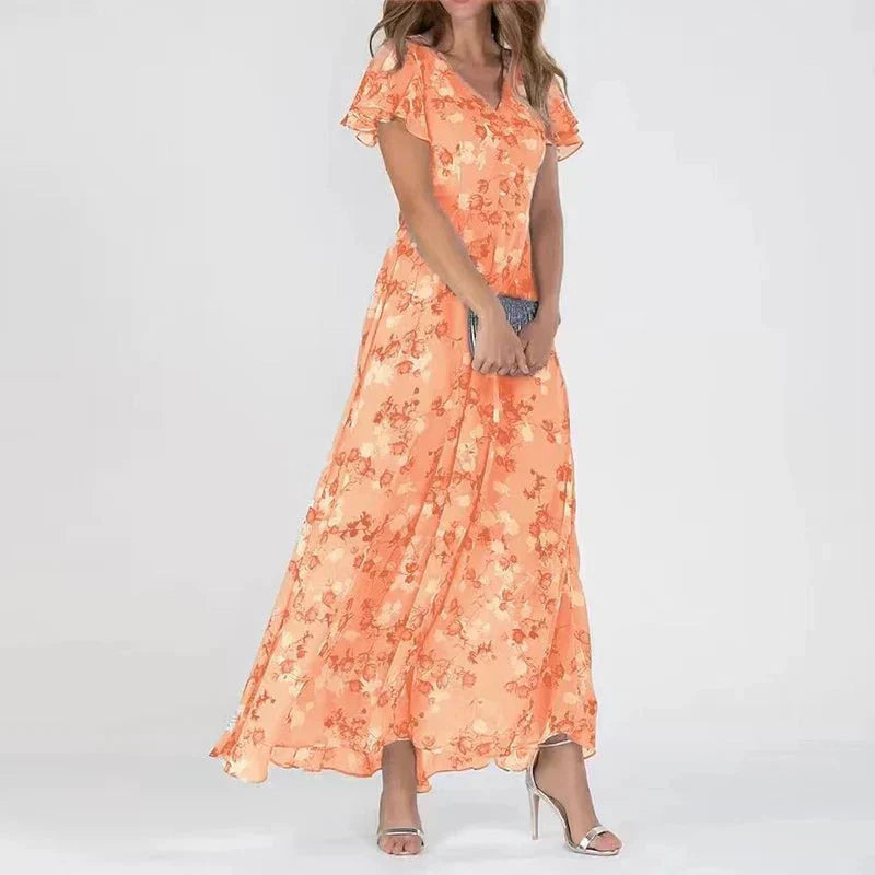 Romantic maxi dress with floral print – pink chiffon, V-neck & butterfly sleeves 3