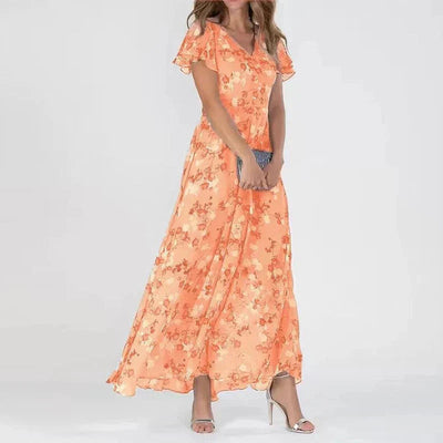 Romantic maxi dress with floral print – pink chiffon, V-neck & butterfly sleeves 3