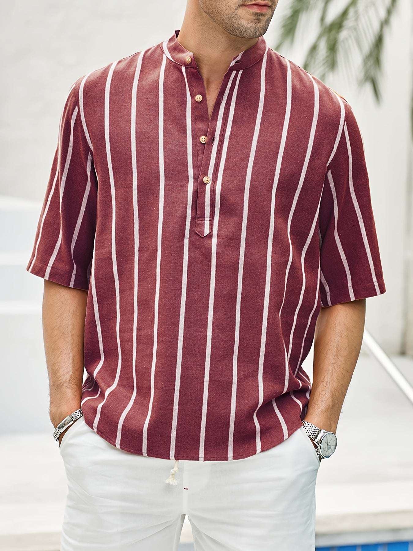 Samuel | Short-sleeved Henley summer shirt with striped pattern 10