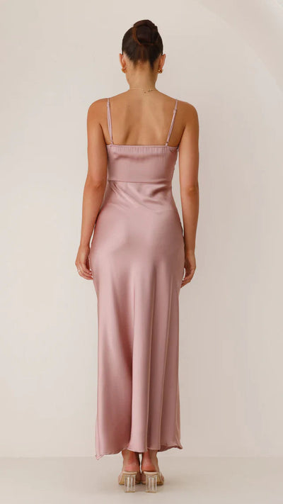 Simple maxi dress – satin dress with spaghetti straps and a high slit 7