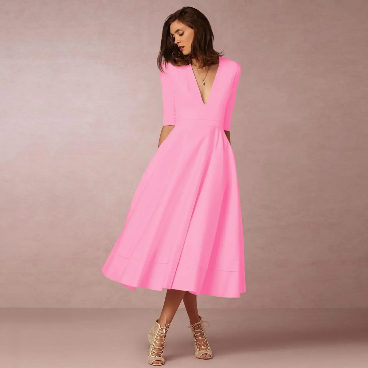 V Neck Fit and Flare Midi Dress with Elbow Sleeves in Pink
