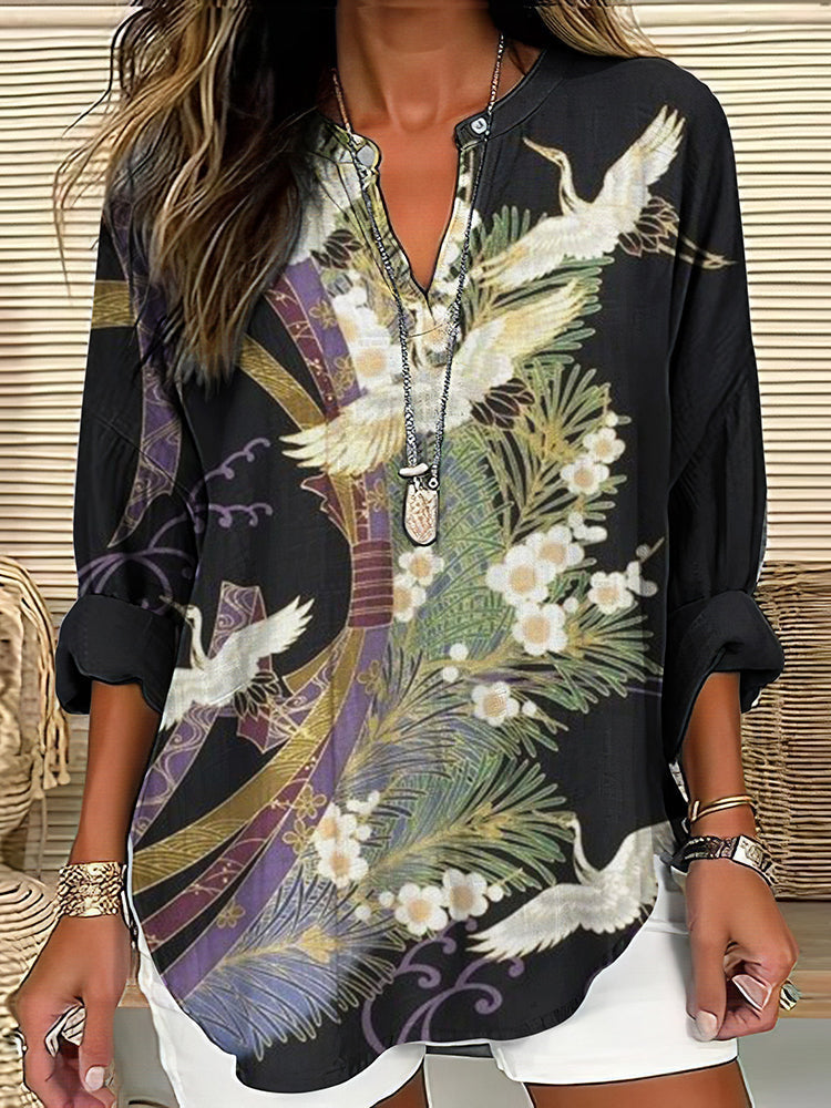 Womens Blouse with Crane and Floral Print in Flowing Fabric