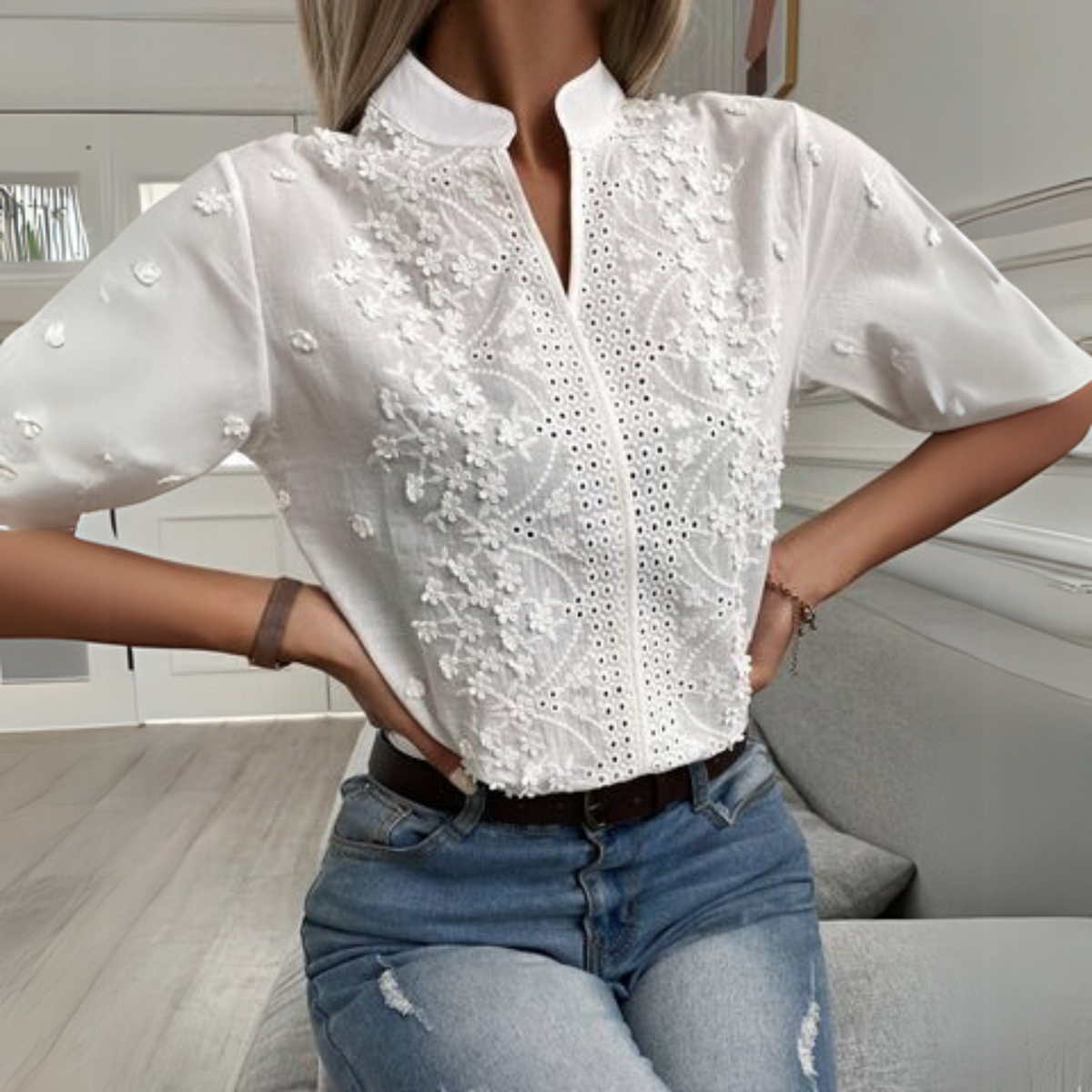 Womens Blouse with Floral Embroidery in Lightweight Woven Fabric