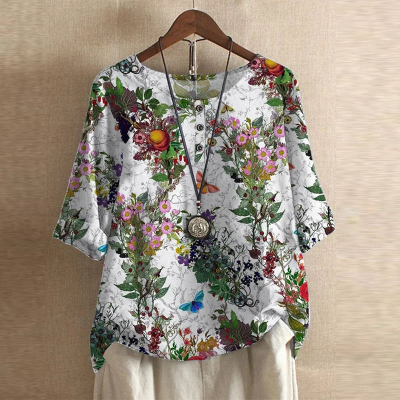 Womens Printed Blouse with Turn-Up Sleeves in Linen-Look Fabric