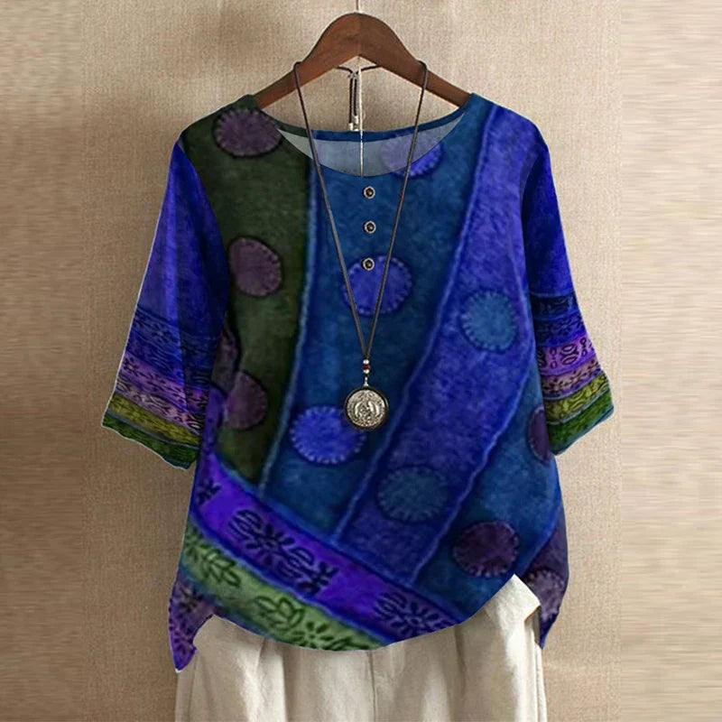 Womens Printed Blouse with Turn-Up Sleeves in Linen-Look Fabric