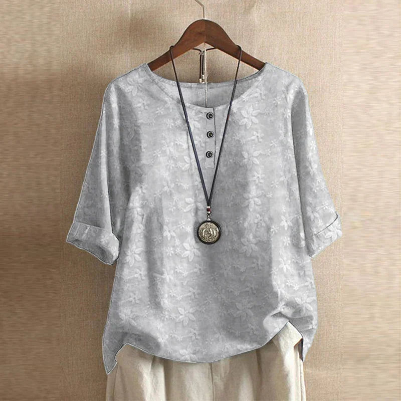 Womens Printed Blouse with Turn-Up Sleeves in Linen-Look Fabric