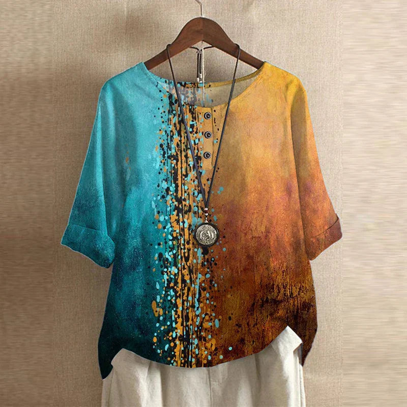 Womens Printed Blouse with Turn-Up Sleeves in Linen-Look Fabric