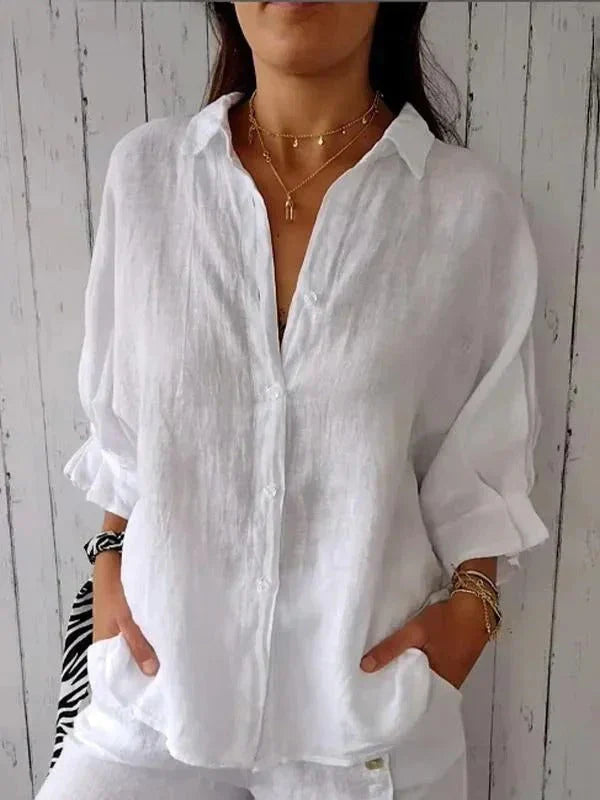Womens Shirt with Button Front in Linen and Three-Quarter Sleeves