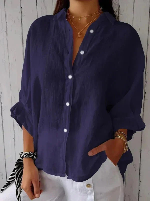 Womens Shirt with Button Front in Linen and Three-Quarter Sleeves