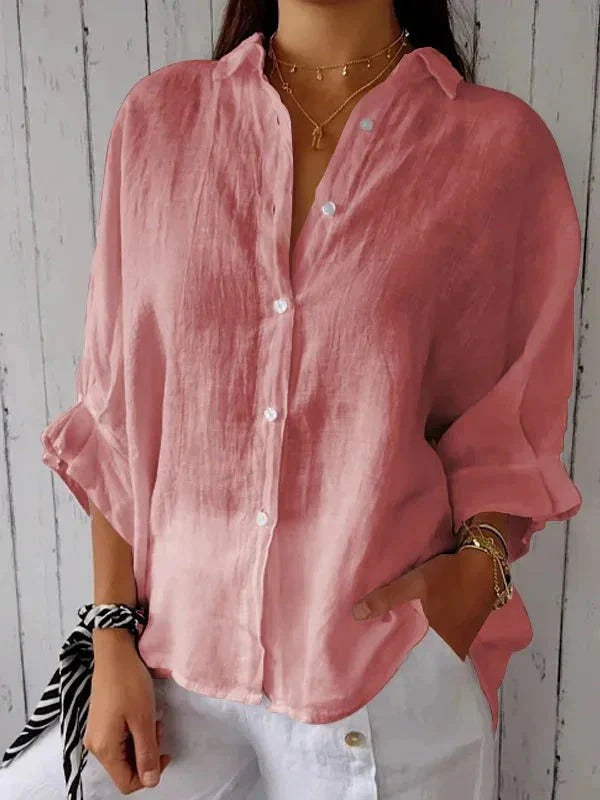 Womens Shirt with Button Front in Linen and Three-Quarter Sleeves