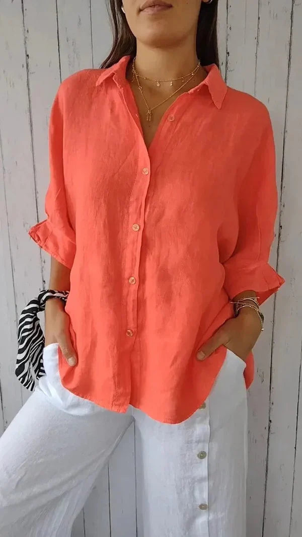 Womens Shirt with Button Front in Linen and Three-Quarter Sleeves