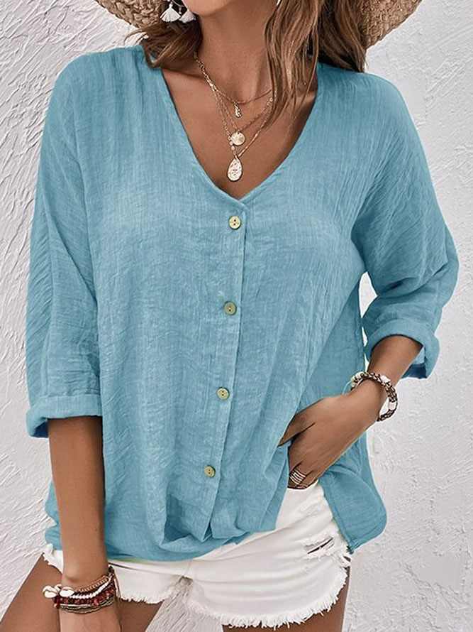 Womens Linen Shirt with V-Neck, Button Front and Three-Quarter Sleeves