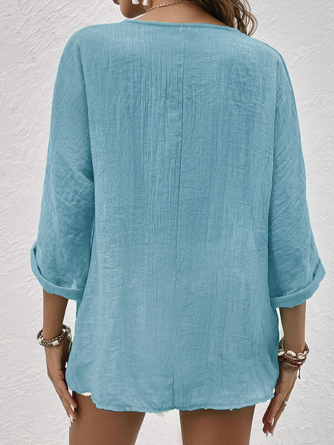 Womens Linen Shirt with V-Neck, Button Front and Three-Quarter Sleeves