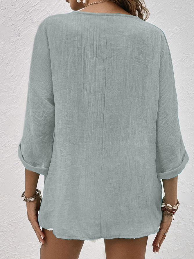 Womens Linen Shirt with V-Neck, Button Front and Three-Quarter Sleeves