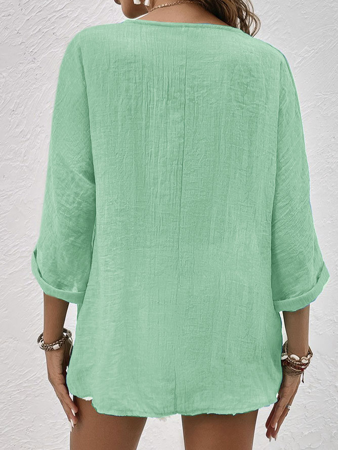 Womens Linen Shirt with V-Neck, Button Front and Three-Quarter Sleeves