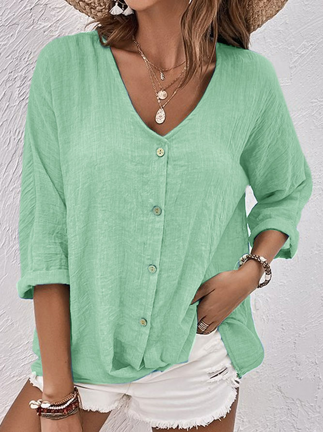 Womens Linen Shirt with V-Neck, Button Front and Three-Quarter Sleeves