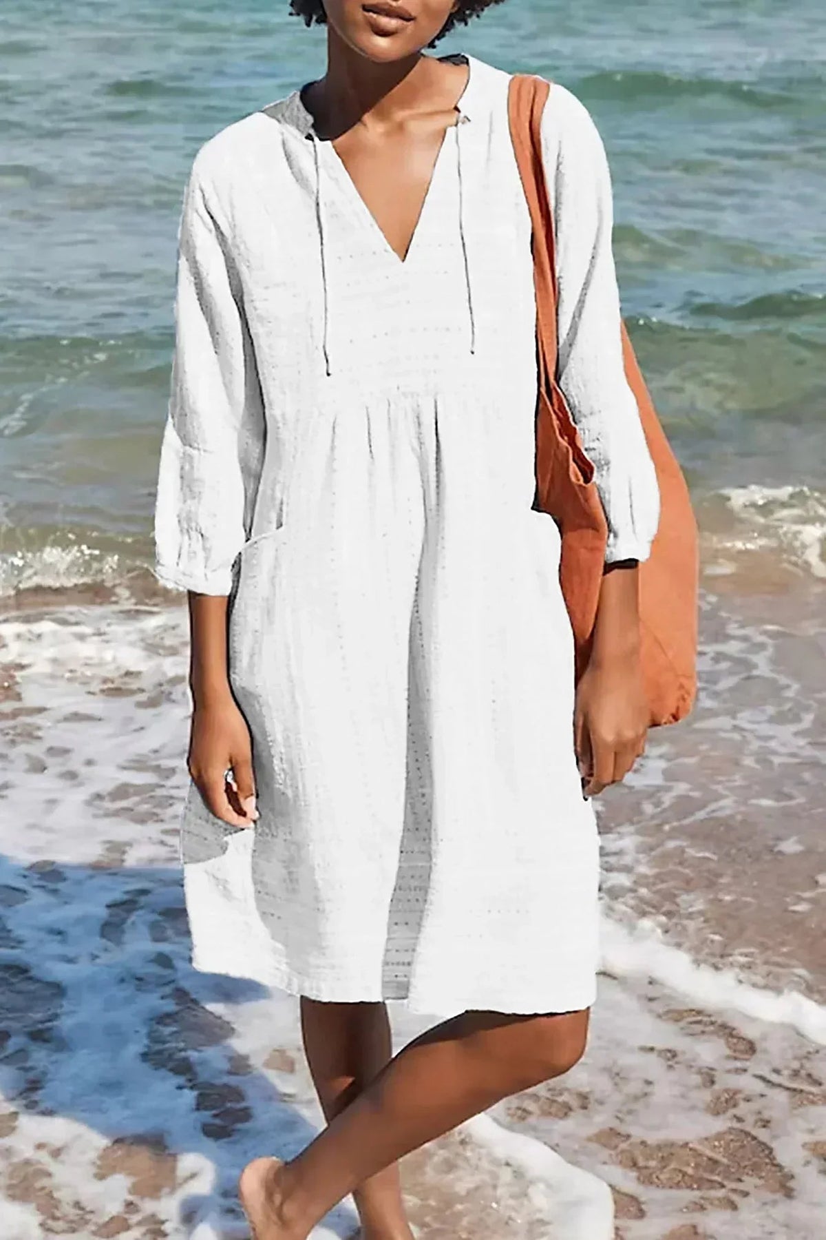 Womens Elegant Dress with Tie Neck in Cotton and Linen