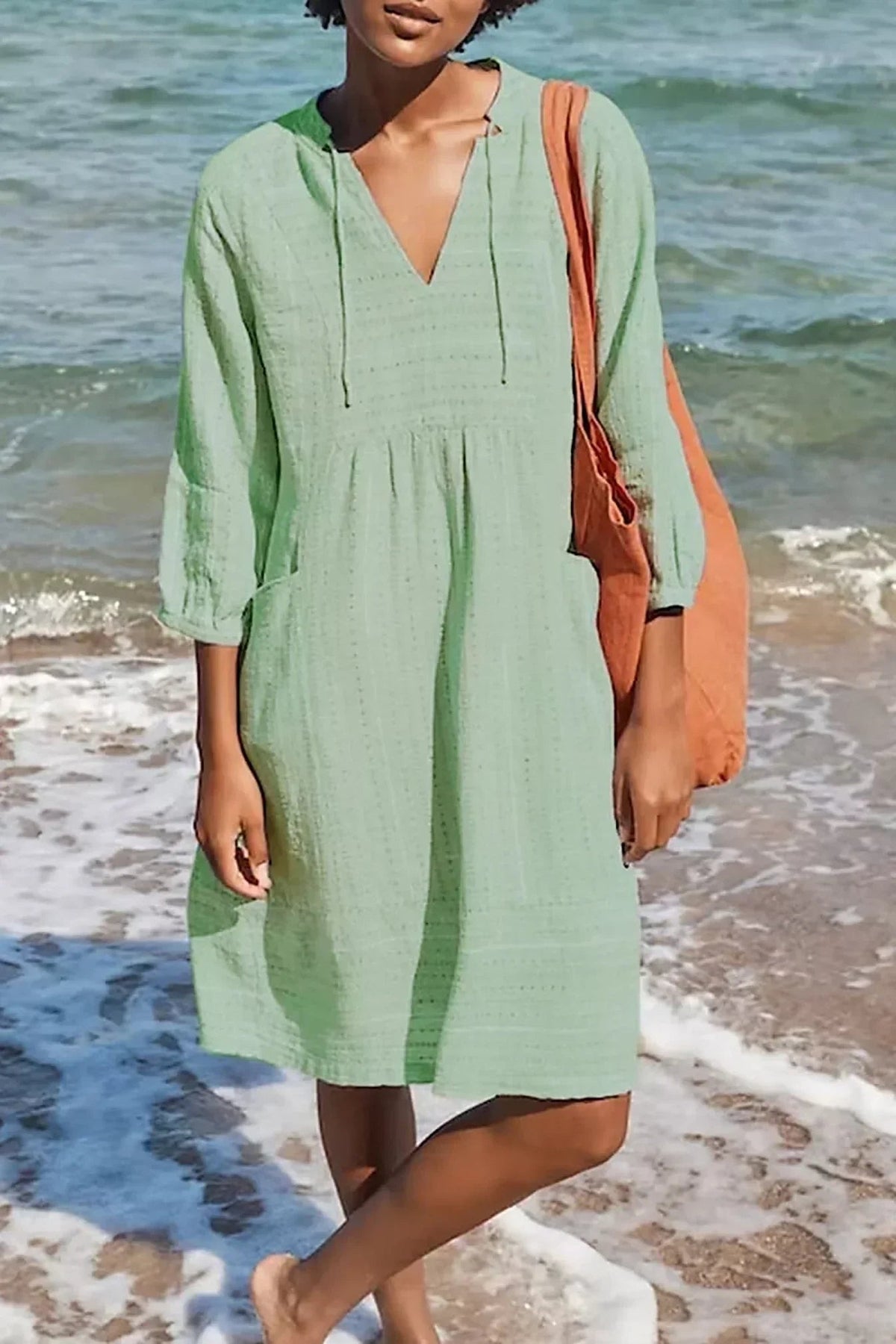 Womens Elegant Dress with Tie Neck in Cotton and Linen