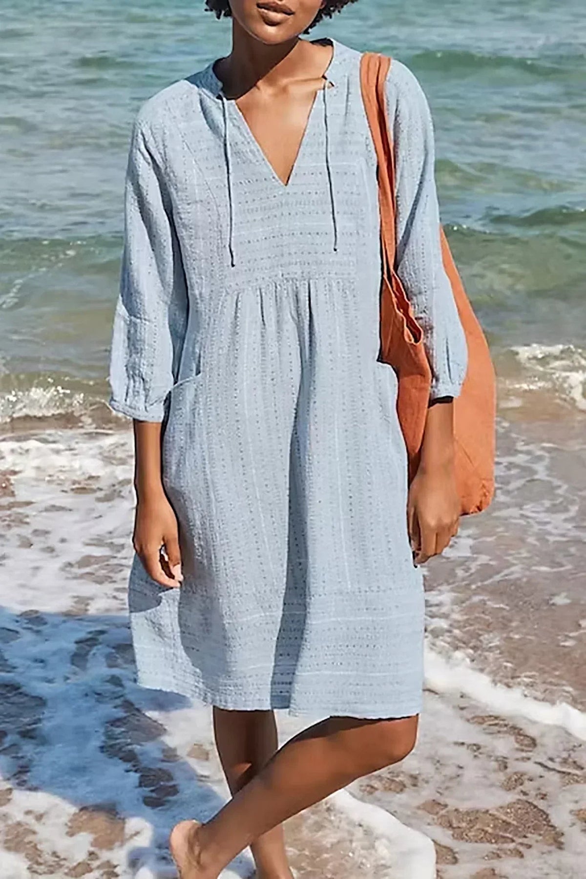 Womens Elegant Dress with Tie Neck in Cotton and Linen