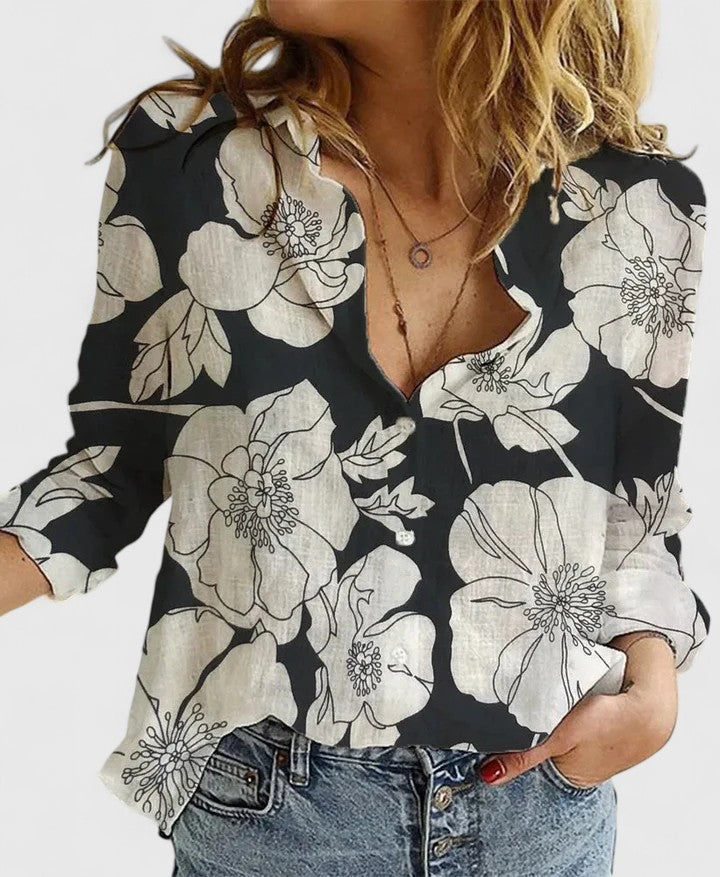 Womens Blouse with V-Neck and Button Front in Linen-Look Fabric