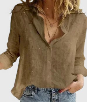 Womens Blouse with V-Neck and Button Front in Linen-Look Fabric