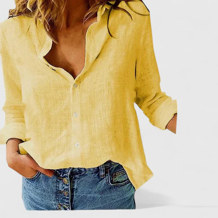 Womens Blouse with V-Neck and Button Front in Linen-Look Fabric