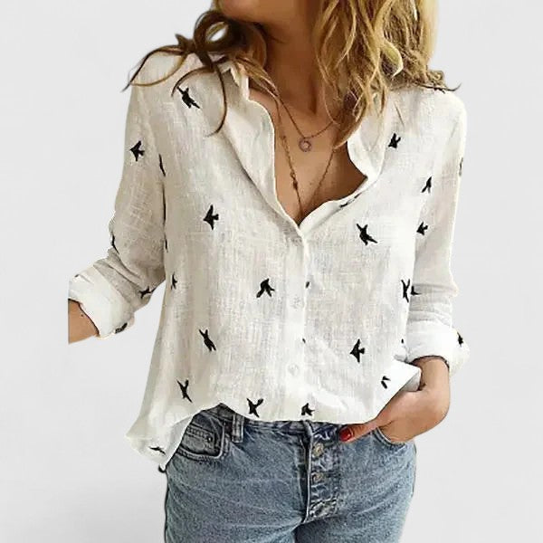 Womens Blouse with V-Neck and Button Front in Linen-Look Fabric