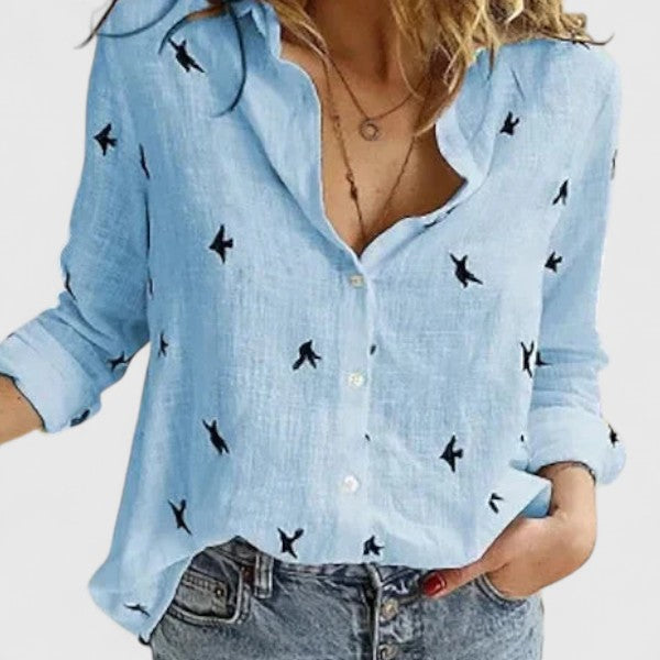 Womens Blouse with V-Neck and Button Front in Linen-Look Fabric