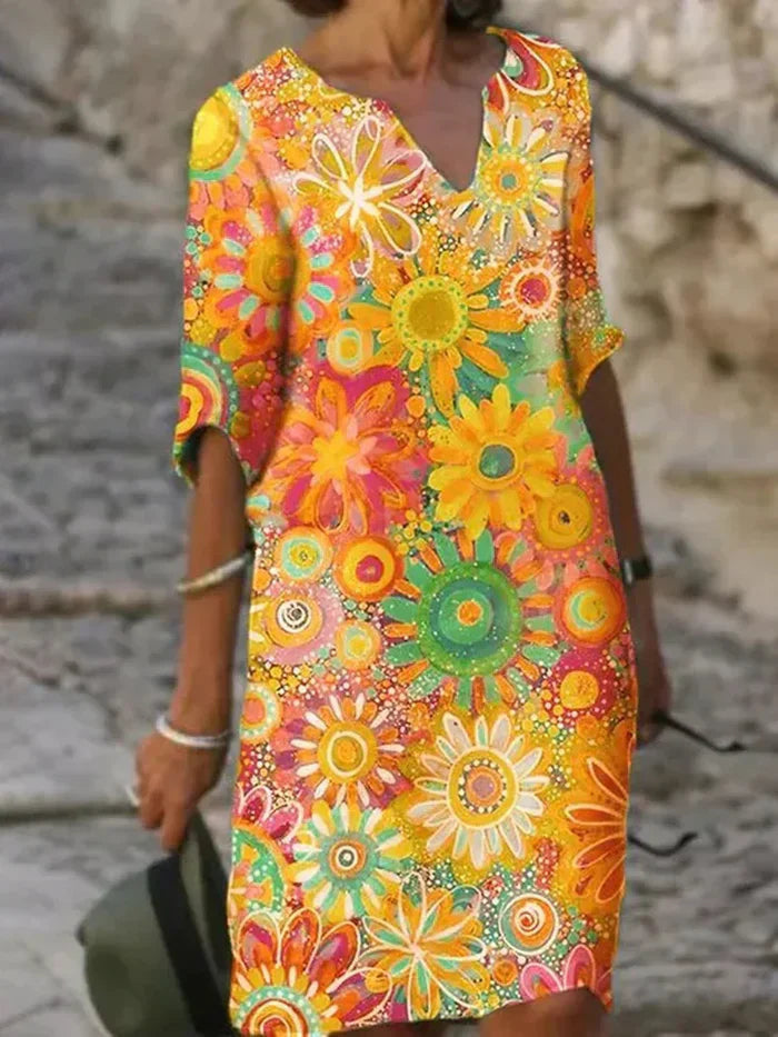 Womens Floral Dress with V-Neck and Half Sleeves in a Relaxed Fit